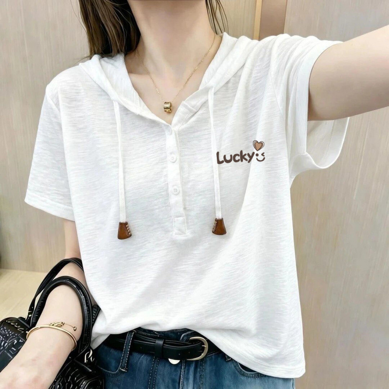 2026 Summer Thin Stylish Snowflake Cotton Hooded Short-Sleeve Button-Up T-Shirt for Women, Trendy and Uniquely Stylish Top