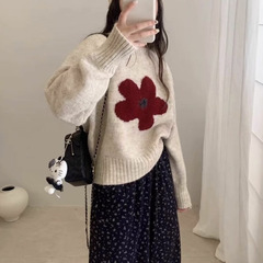 韩系少女风花朵针织套头衫秋冬新款时尚百搭减龄可爱毛衣上衣女