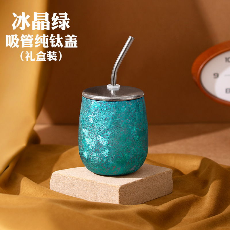 纯钛户外茶水杯双层隔热鹅蛋杯炫彩冰花钛杯露营旅行随手杯啤酒杯|undefined