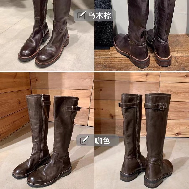 水洗牛皮~真皮黑色复古长靴百搭显瘦粗跟骑士靴女长筒靴高筒靴子|undefined