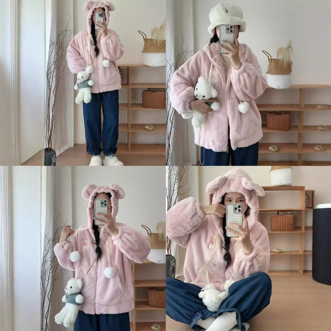 (2개) 겨울 새로운 귀여운 양고기 양모 면봉 재킷 후드 따뜻한 부드러운 왁스 코트