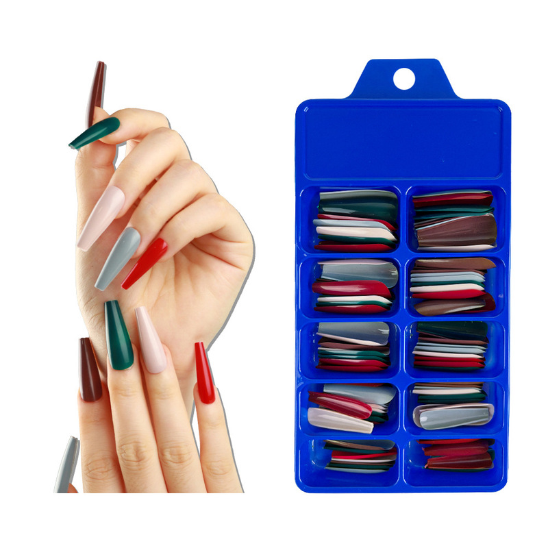 Cross-Border Christmas Mixed Color T-Shaped Coffin Manicure Nails Blue Box Full Patch Wearable Long Ballet Fake Nails