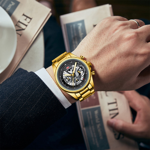 MINI FOCUS Watch Hollow Mechanical Style Men's Multi-functional Waterproof Quartz Watch Steel Strap Men's Watch 0490G