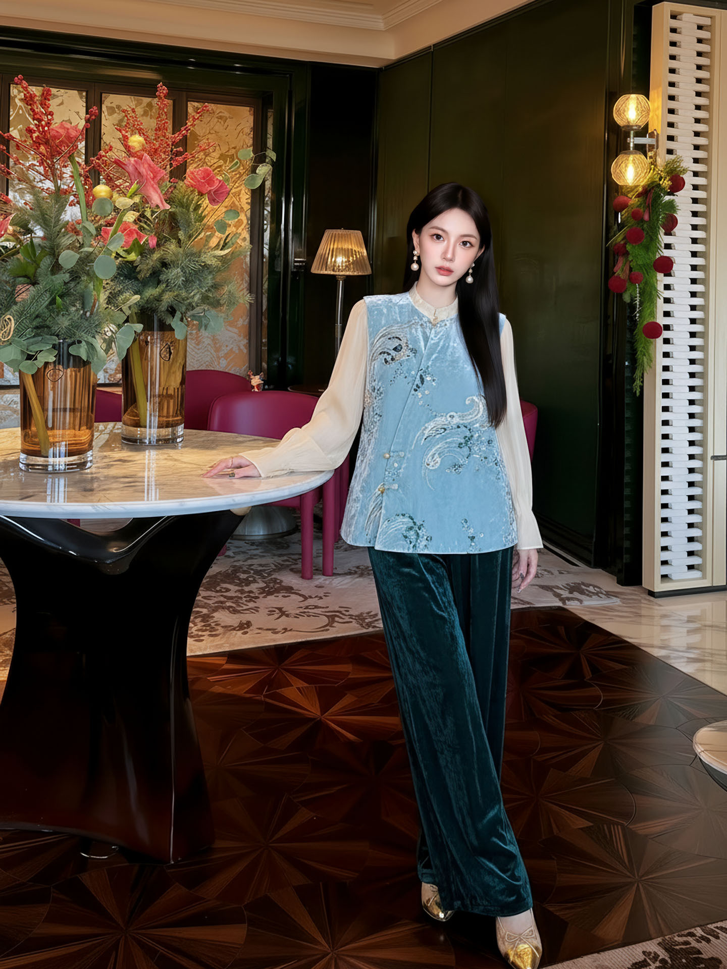 Áo gile cổ lọ nữ phong cách Trung Hoa mới, thêu đính cườm họa tiết nổi bật — xanh lam