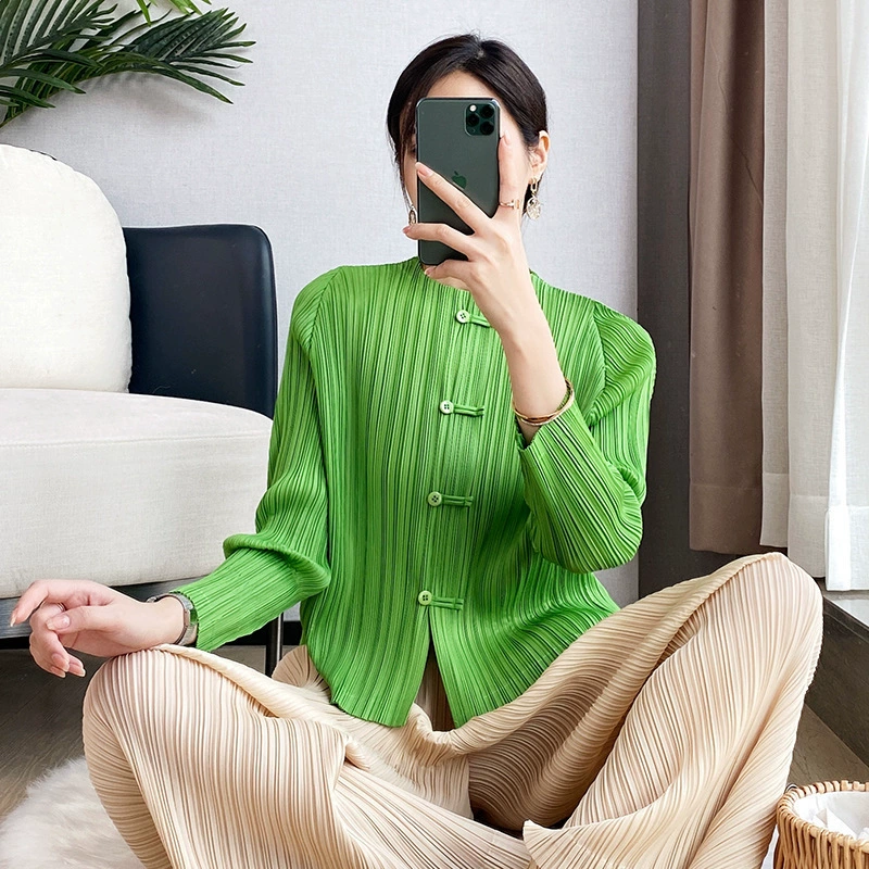 Плиссированная рубашка в одном стиле Miyake Chiyoko на весну и осень, женская рубашка с принтом в китайском стиле, свободный тонкий топ с длинными рукавами в стиле ретро