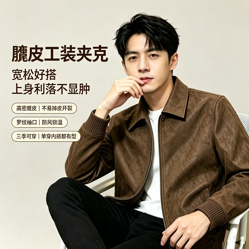 High-End Retro Stylish Suede Lapel 2026 New Spring and Autumn Men's Leather Jacket Loose Casual Style High-End Retro Stylish Suede Lapel 2026 New Spring and Autumn Men's Leather Jacket Loose Casual Style