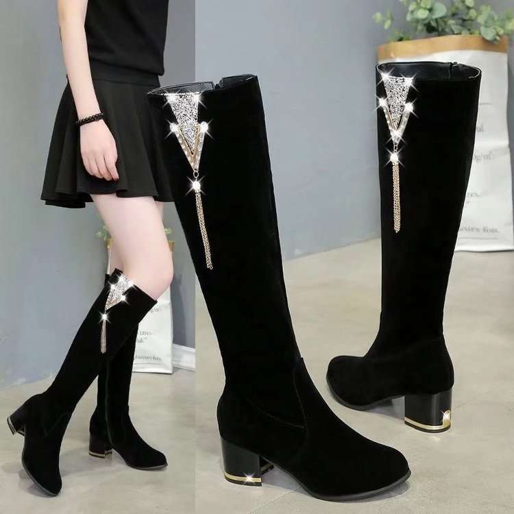 In-Stock Autumn and Winter New Long Boots with Chunky Heels, High Heels, Suede Leather Women's Boots with Side Zipper, Fleece-Lined for Warmth, High Tube Slimming Boots for Women In-Stock Autumn and Winter New Long Boots with Chunky Heels, High Heels, Suede Leather Women's Boots with Side Zipper, Fleece-Lined for Warmth, High Tube Slimming Boots for Women