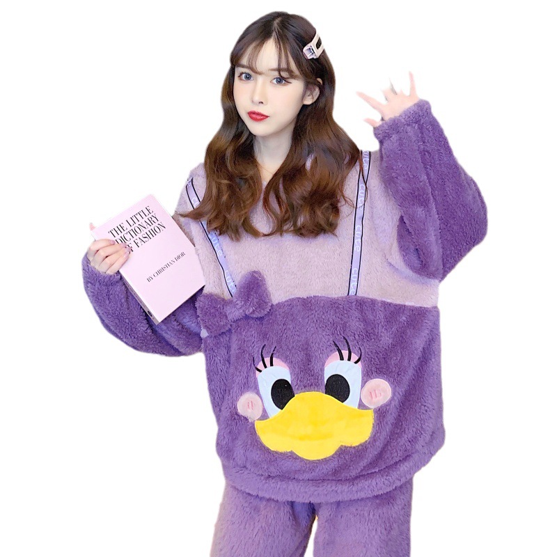Dibujos animados pato donald otoño e invierno coral fleece pijamas de manga larga engrosada de las mujeres de dibujos animados lindo felpa ropa de casa traje