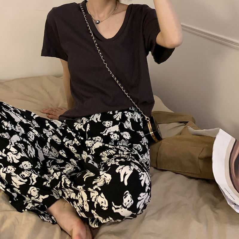 Pantalones de estilo carkala impresos pantalones de pierna ancha de verano para mujer versátil cintura alta adelgazante drapeado Pantalones rectos de moda casual