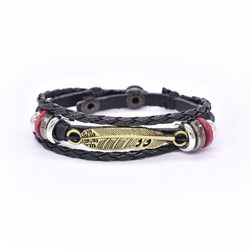 Temu hot sale European and American retro feather PU bracelet wooden beads adjustable four-button woven bracelet