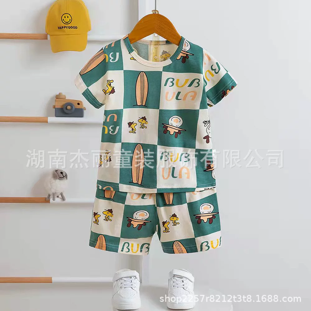 2022 Новая Домашняя одежда, пижамы для мальчиков и девочек, чесаный хлопковый детский домашний костюм с принтом