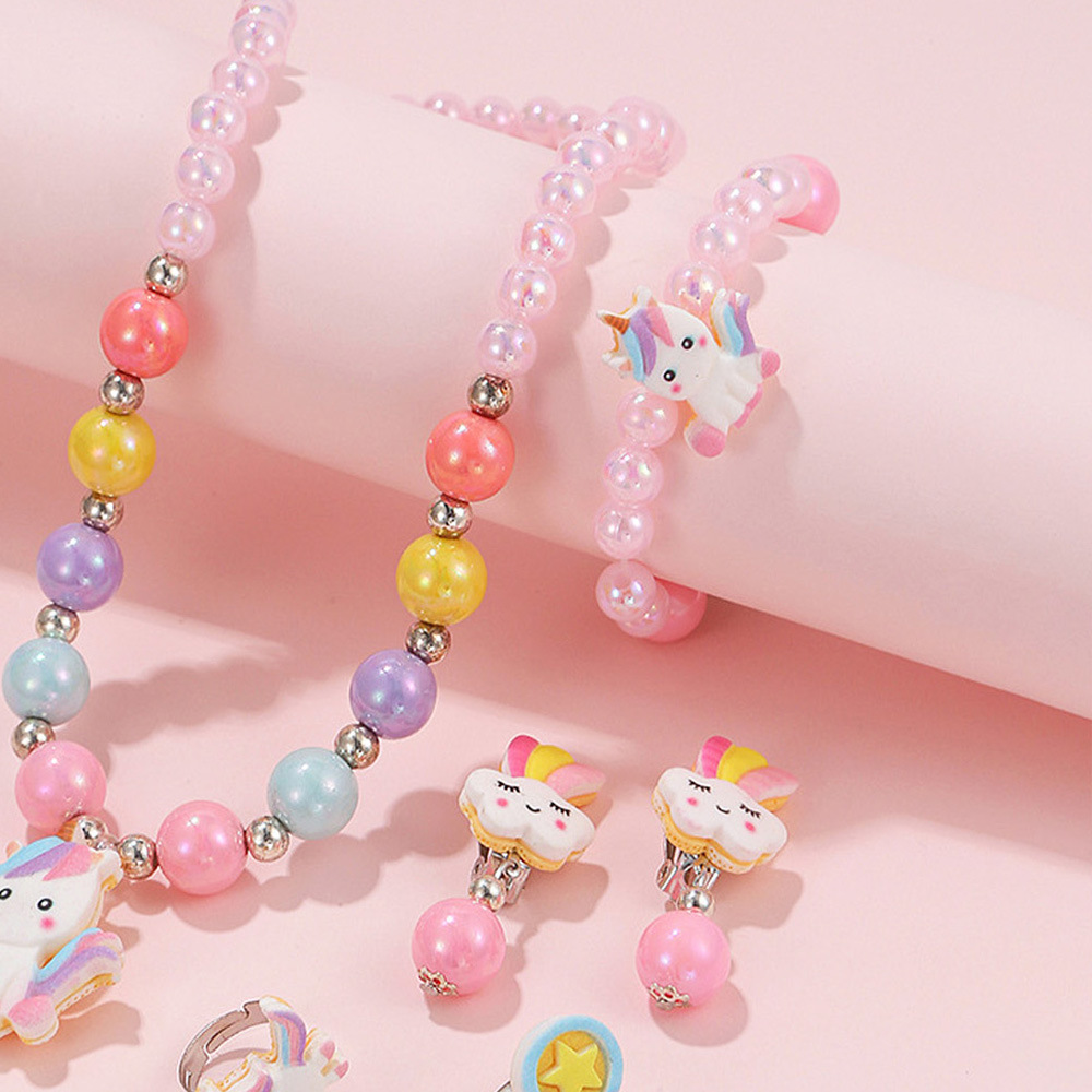 Cross-border children's unicorn necklace and bracelet DIY beaded necklace and ear clip cute princess accessory jewelry set