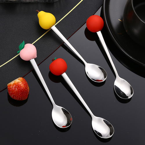 Stainless steel tableware creative cartoon fruit silicone handle spoon coffee stirring dessert cake stainless steel spoon