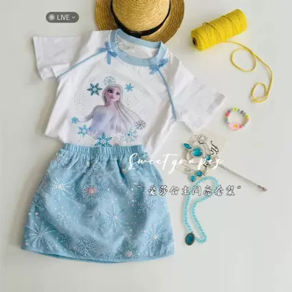 女童爱莎亮片套装夏季2025新款儿童夏装冰雪奇缘短袖两件套潮