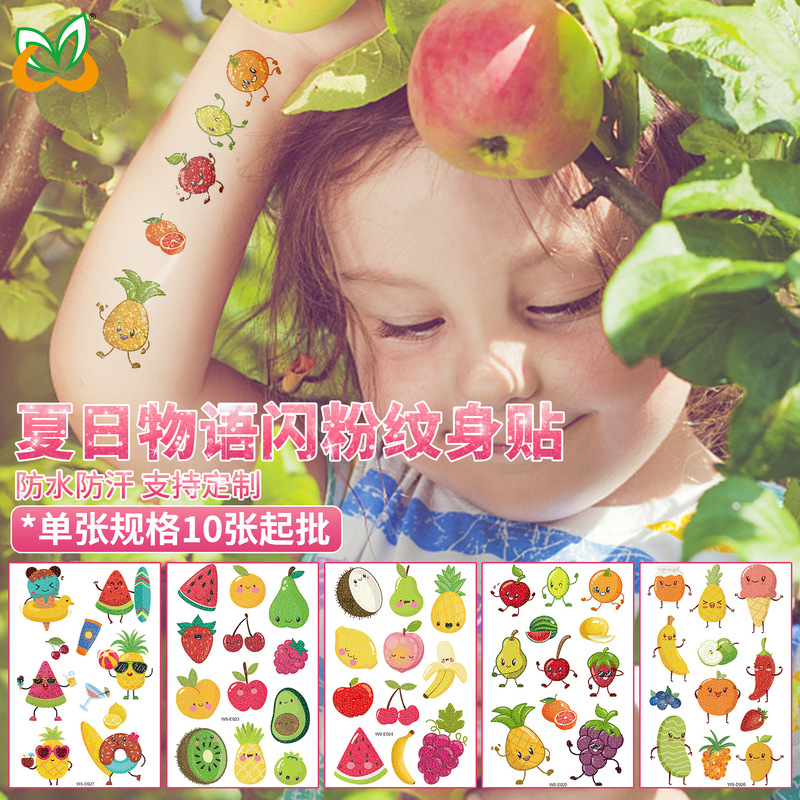 New Waterproof Sweat Summer Story Vegetable Fruit Cartoon Children Glitter Powder Tattoo Sticker Fruit Tattoo Sticker