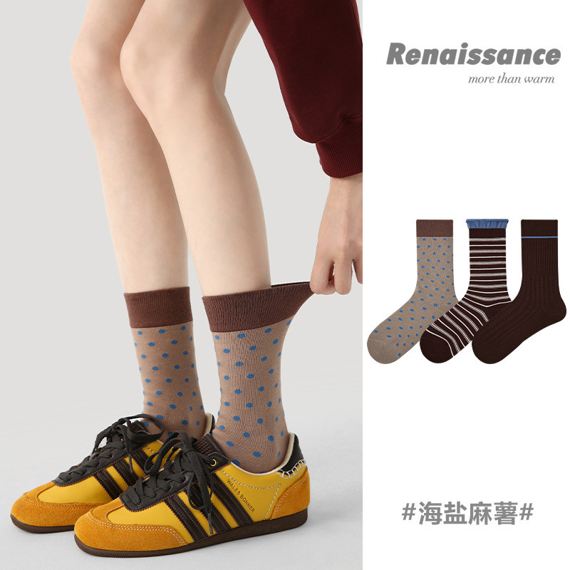 Renaissance Original Women's Socks Autumn and Winter New Color-Blocked Stripesd Lace Princess Socks Polka Dot Mid-Calf Socks for Women