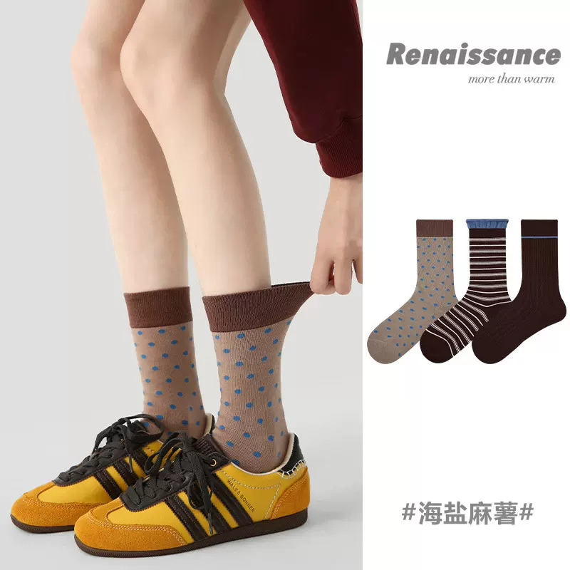 Renaissance原创女袜秋冬新款拼色条纹花边公主袜波点中筒袜子女