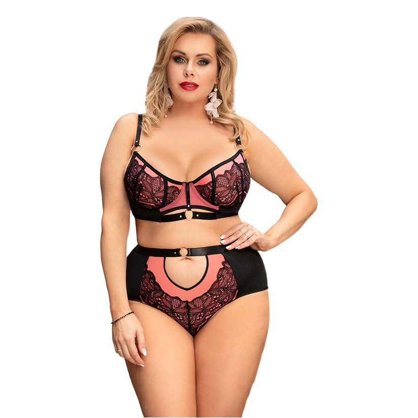 Mujeres europeas y americanas de talla grande traje de ropa interior de tres puntos con anillo de acero sujetador de cintura alta perspectiva ropa interior conjunto de 2 piezas de comercio exterior