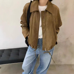 下摆抽绳翻领麂皮绒外套女欧货2025秋季新款休闲时尚复古夹克上衣