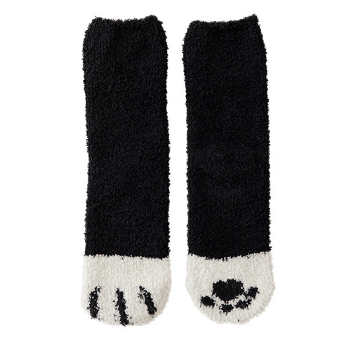 Women's mid-calf cute cat claw coral velvet floor socks confinement socks autumn and winter warm sleep socks plus velvet and thickening
