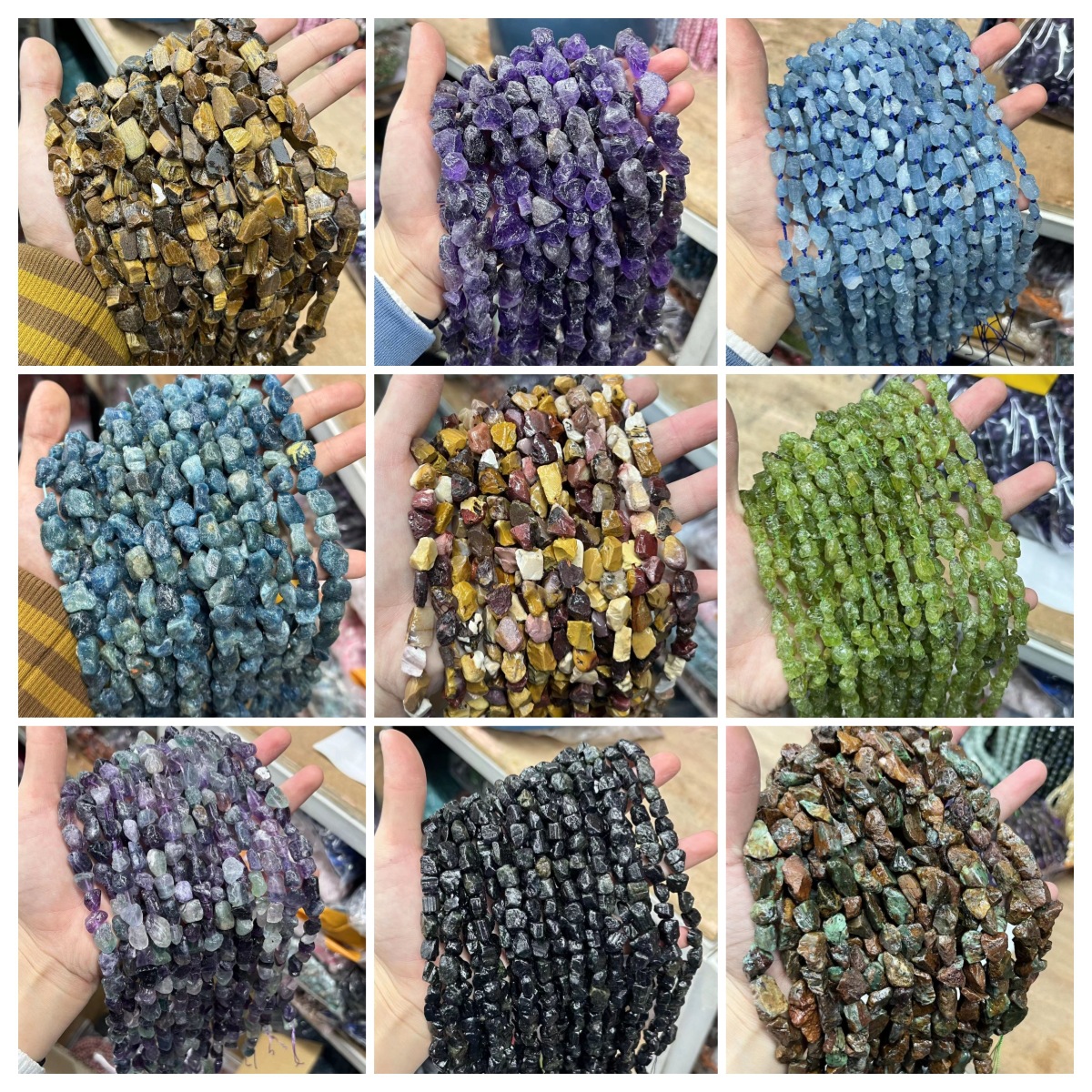 天然原石塊散珠 紫水晶海藍寶虎眼石隨形原礦串珠半成品飾品配件