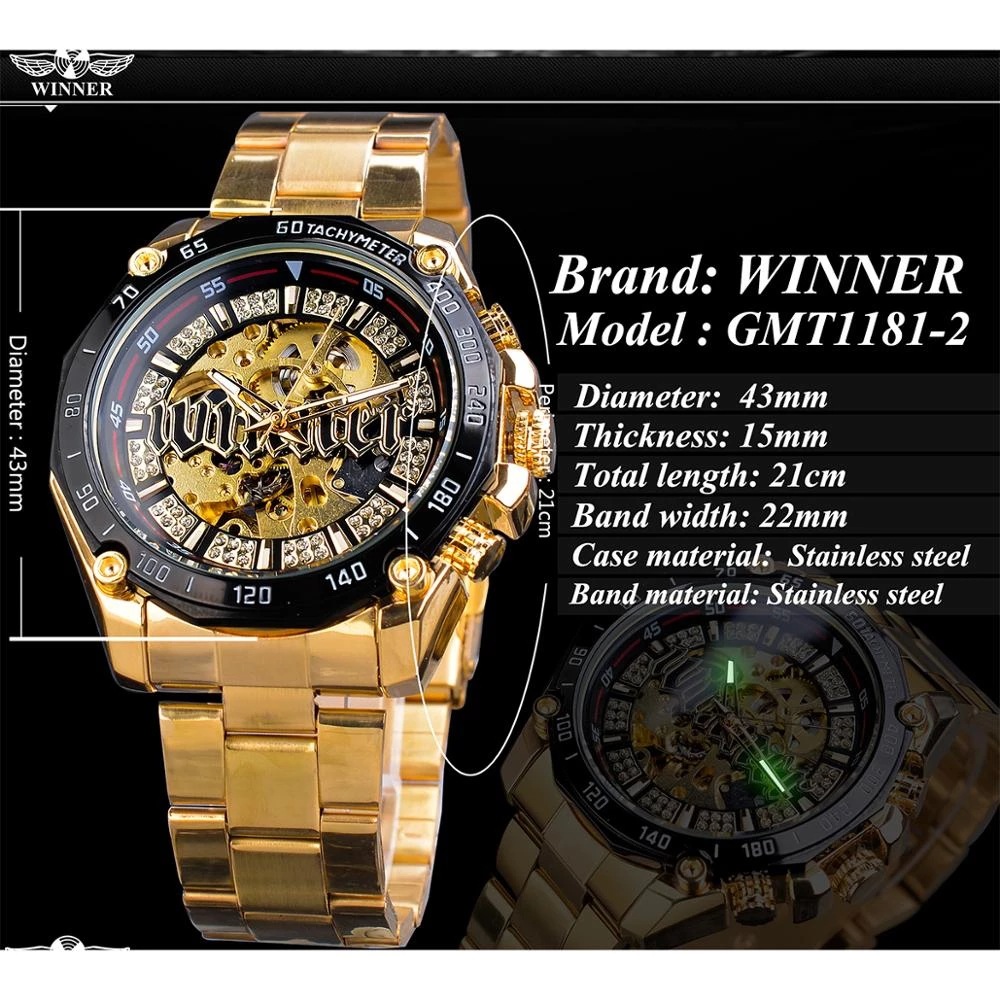Winner high-end men's fully automatic mechanical watch stra, diamond hollowed out dial, gold stainless steel watch_voghion.com
