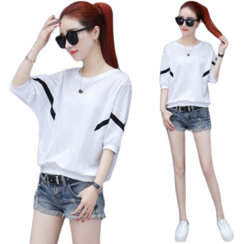 Women's Summer Loose Korean Style Casual T-Shirt with Batwing Collar and Five-Finger Sleeve