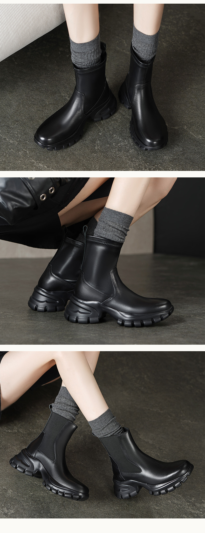 Boot da Chelsea nữ đế dày tăng chiều cao, cổ thun co giãn, dáng ôm chân — Lót nhung đen, Trong danh sách đen chi tiết 4