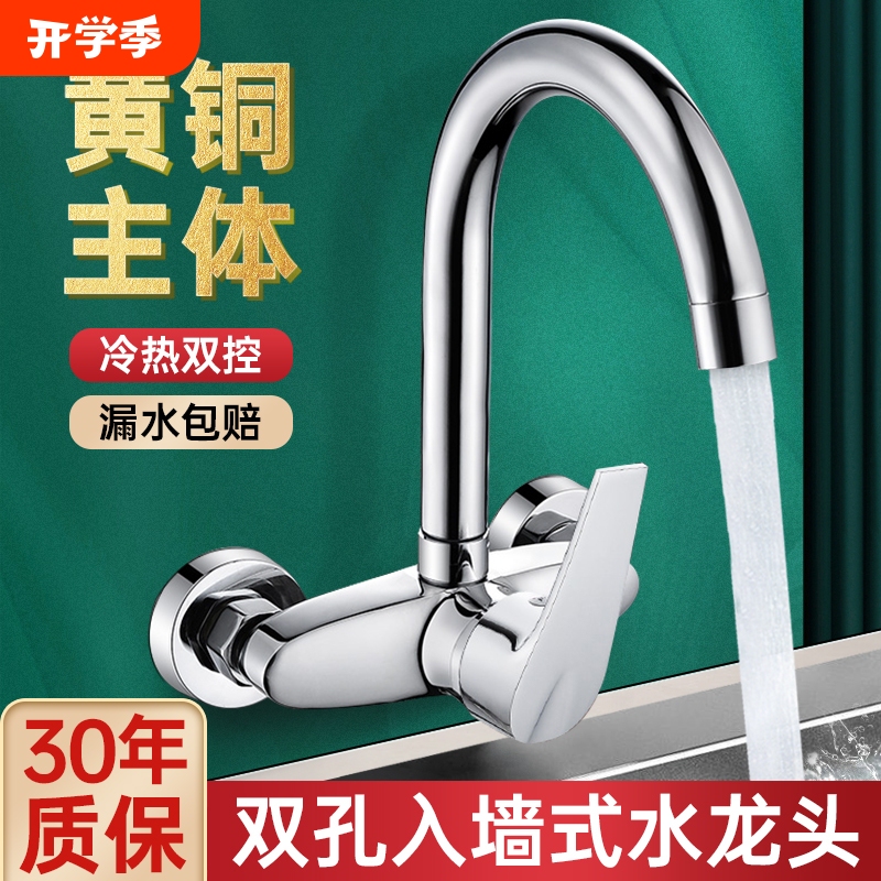 In-Wall Faucet Kitchen Double-Hole Sink All-Copper Hot and Cold Water Mixing Valve Switch Balcony Laundry Sink
