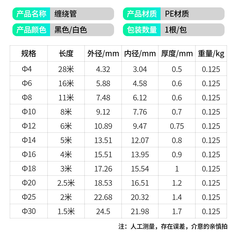 万峰缠绕管塑料绕线管电线缠绕管PE螺旋包线管黑白6 8 10 12 14mm