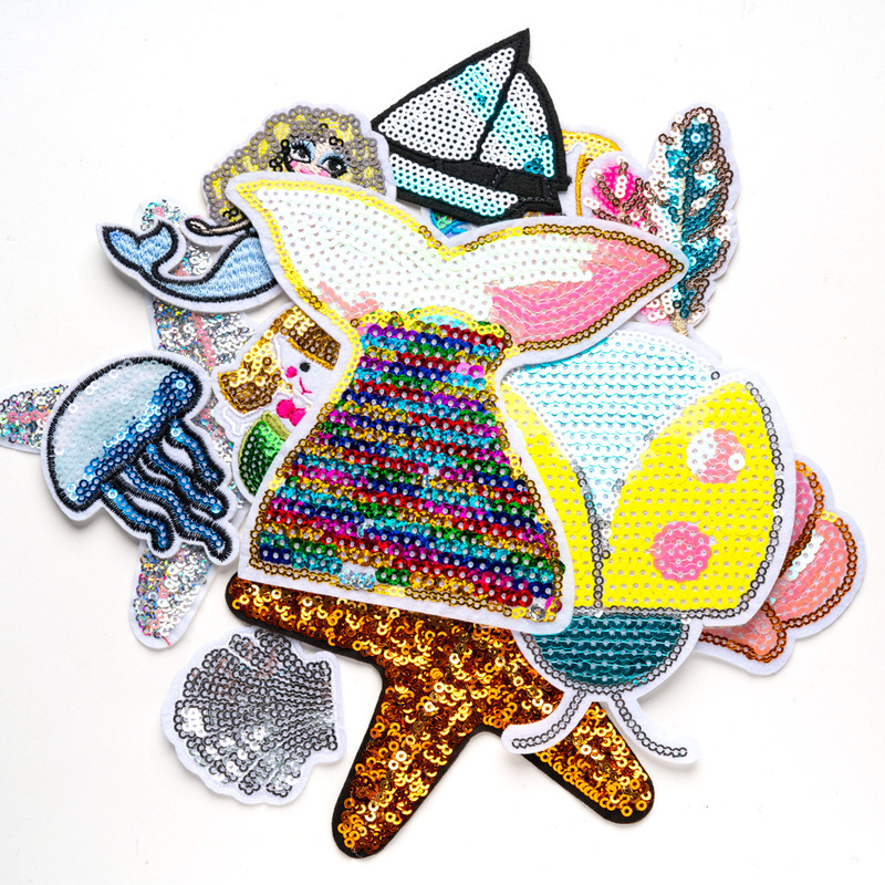 マーメイドスパンコール刺繍ヒトデ貝クラゲコンピュータ刺繍漫画刺繍布ステッカーバック接着剤パッチ卸売|undefined