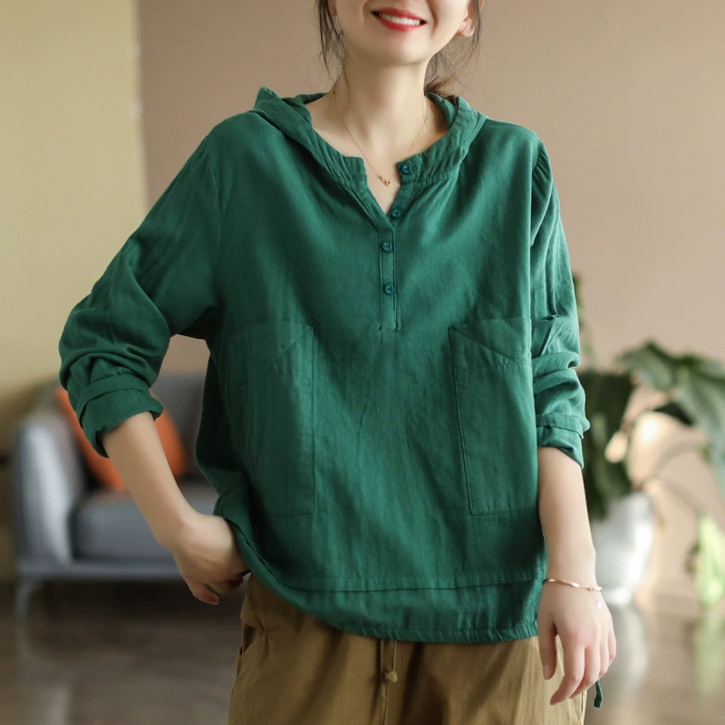 Весенняя женская футболка с длинными рукавами и капюшоном из хлопчатобумажной пряжи 2022 года, новый свободный универсальный повседневный топ.