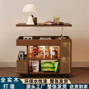 All Solid Wood Stepless Adjustable Coffee Table Living Room Home Wheeled Sofa Side Cabinet Mobile Multi-Functional Trolley Small Tea Table