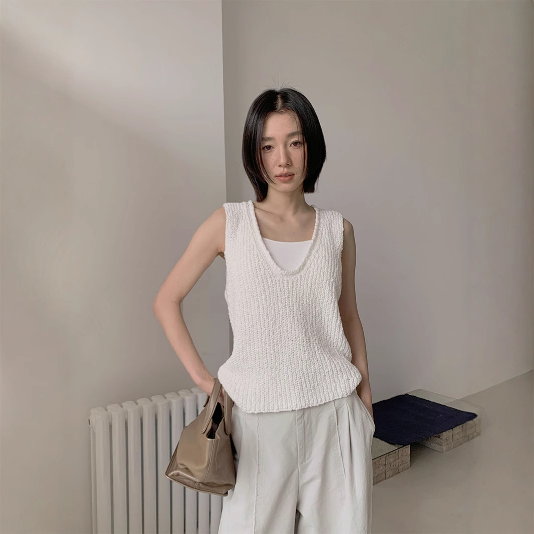 Love and Nancy Thirteen Lines 2025 Summer Curled Pure Cotton Deep U Sleeveless Stacked Knitted Vest Women's 11705