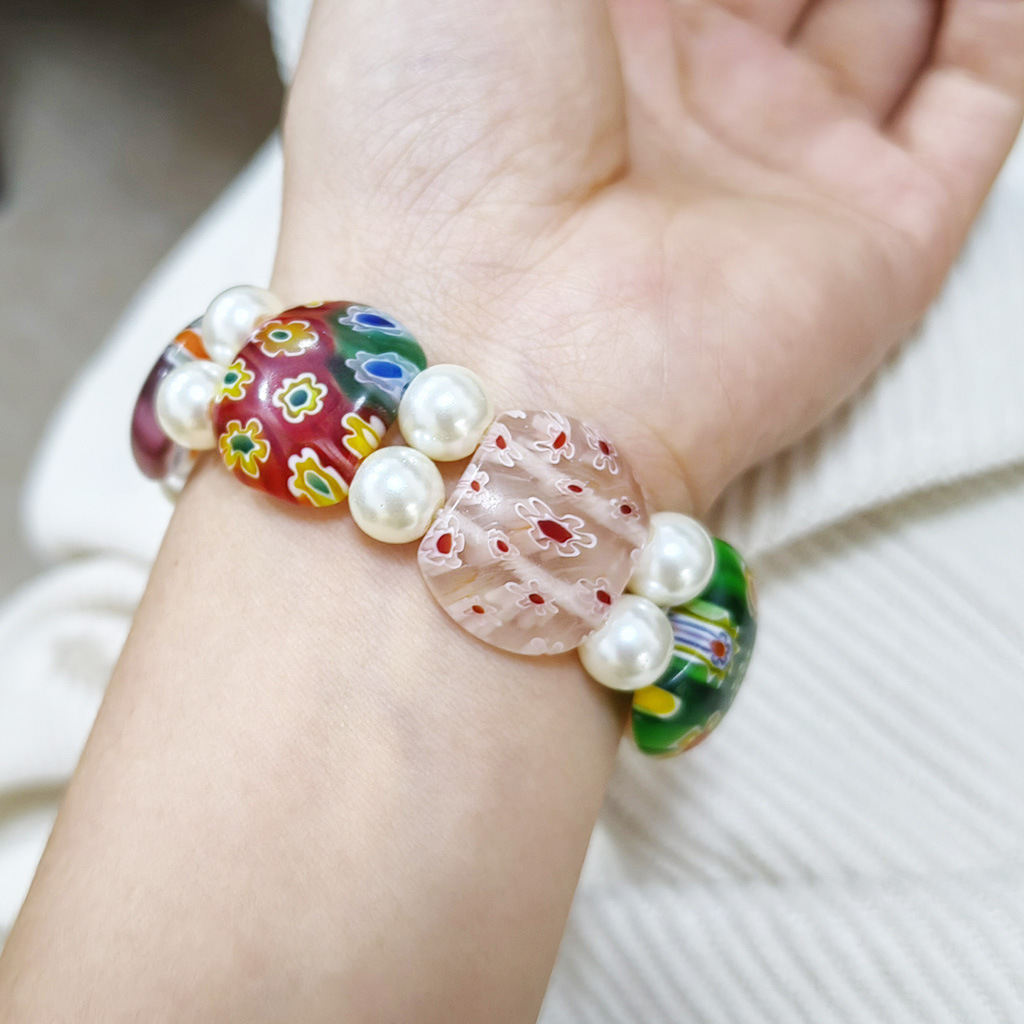 50g Weight Stretch Adjustable Clasp Closure Type Bracelets Classification glass Chain Material 1 Piece Quantity Daily Occasion glass Material Round, Flower Pattern All Seasons Season Women's Gender Handmade Design Pastoral Style Pastoral Round Flower Glass Stretch Adjustable Beaded Bracelets Wholesale 24