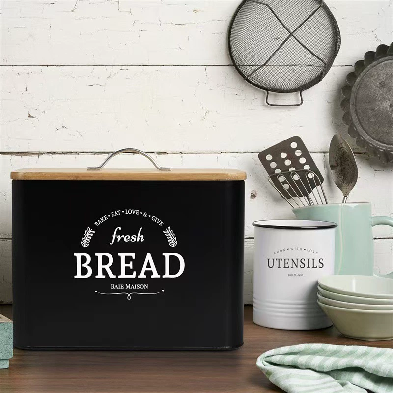 Квадратная коробка для хлеба Кухонная коробка с крышкой Физическая коробка для хранения Черный принт Деревянная коробка Настольная коробка для хранения из массива дерева