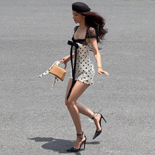 跨境2025夏季新款女装蝴蝶结波点短裙性感蕾丝拼接收腰包臀连衣裙