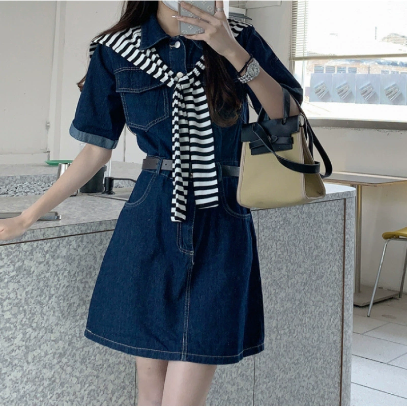 Настоящая летняя женская одежда больших размеров для молодого образа: джинсовое платье с шалью и поясом, размеры S-5XL 100kg