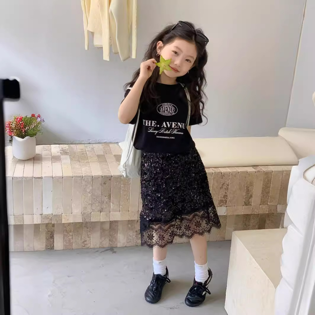 童裙2024夏款童裝女蕾絲拼接亮片裙中大童女童潮范半身裙兒童裙子
