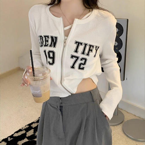 Letter printed short zipper cardigan coat for women's new loose slimming long-sleeved T-shirt niche hot girl top