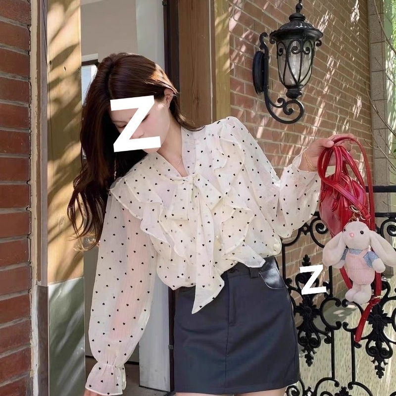 2025新款法式高级感荷叶边波点衬衫女春季设计感绑带宽松别致上衣|undefined