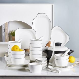 Ten-Person Bowl and Plate Set, Complete Set of Household Modern Simple Bowls and Chopsticks, Ceramic Bone China Complete Set, Housewarming and Wedding Gift Tableware