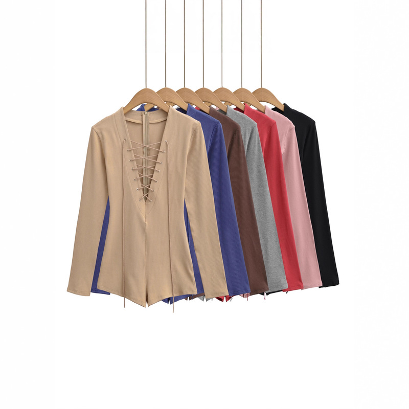 Hot Girl Sexy Deep V Neck Steam Eye Lace-Up Long-Sleeved Jumpsuit Autum New Waist Slimming Bottoming Shirt One-Piece T-Shirt