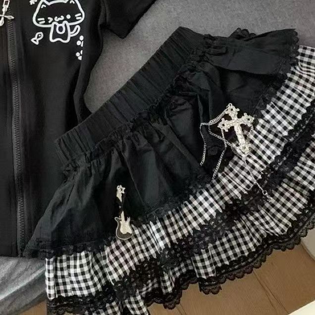 原宿y2k蕾丝辣妹蛋糕暗黑朋克蓬蓬百搭半身裙亚文化拼接格子短裙|undefined