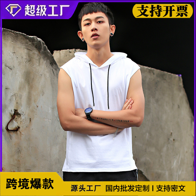 Cross-Border Sleeveless T-Shirt Men's Summer Tank Top Trendy Hooded Vest Short-Sleeve Hoodie Tank Top T-Shirt Men's Style Cross-Border Sleeveless T-Shirt Men's Summer Tank Top Trendy Hooded Vest Short-Sleeve Hoodie Tank Top T-Shirt Men's Style