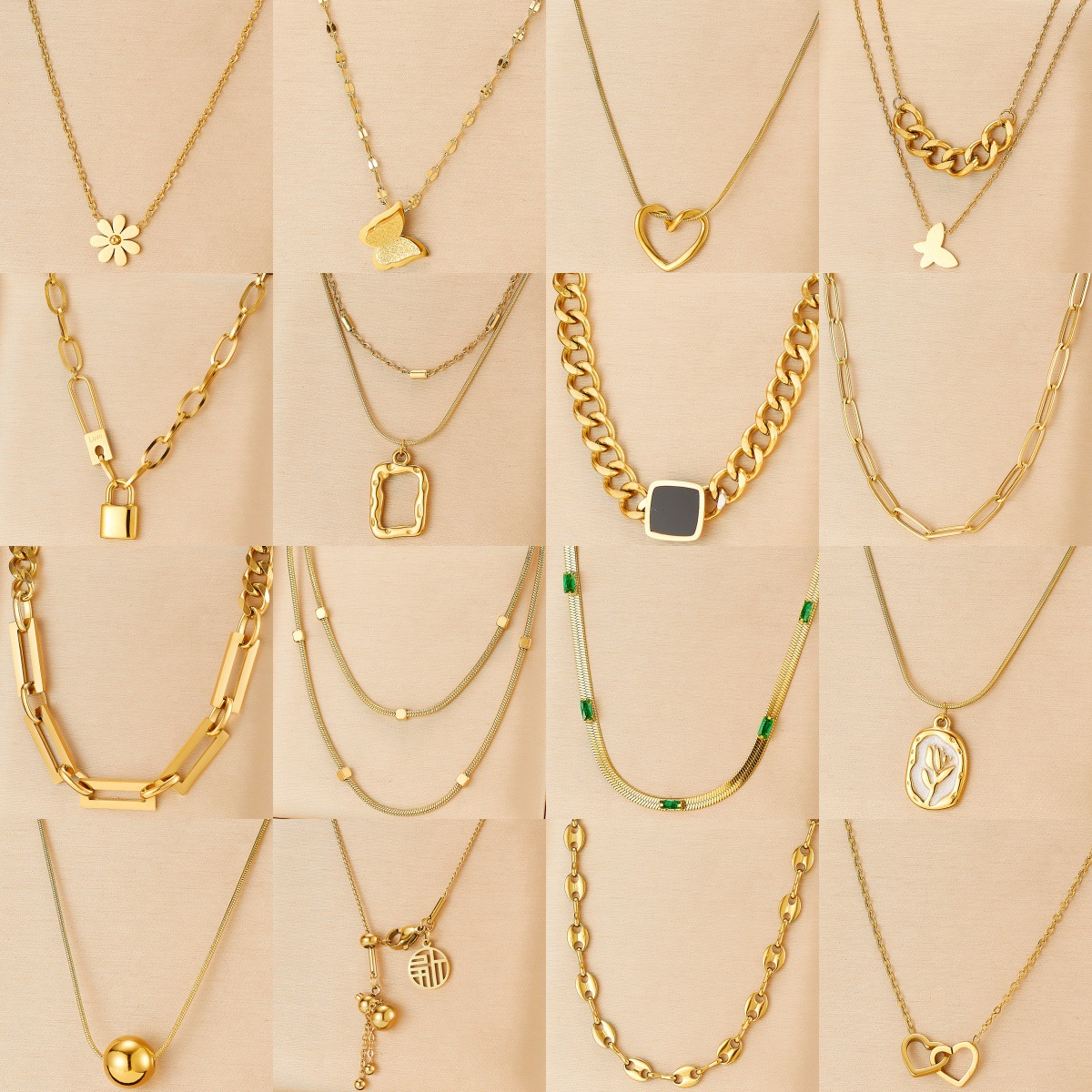 Non-Fading Titanium Steel Vacuum Electroplated Geometric Heart-Shaped Four-Leaf Clover Necklace for Women, Exquisite Ins-Style High-End Clavicle Chain