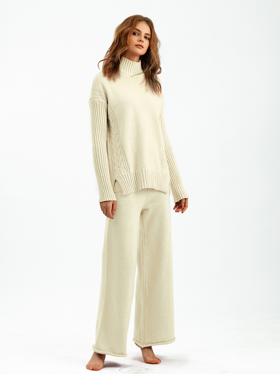 Station de vêtements pour femmes 2023 automne et hiver nouveau costume de chandail de style de mode drapé tricoté pantalon à jambes larges costume deux pièces mode féminine_voghion.com