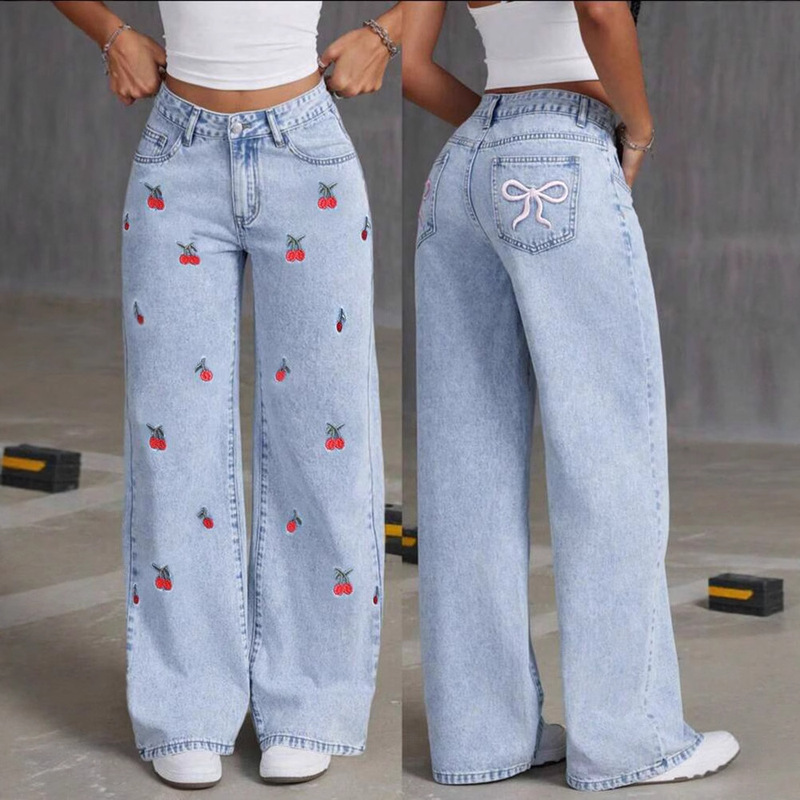 Cross-Border Export Custom Printed European and American Jeans for Women 2025 Summer New Loose Wide-Leg Floor-Length Trousers Cross-Border Export Custom Printed European and American Jeans for Women 2025 Summer New Loose Wide-Leg Floor-Length Trousers