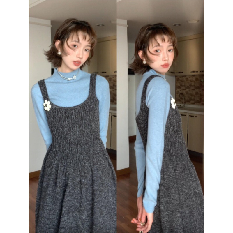 Korean Style Lazy Style Half Turtleneck Slim Bottoming Shirt Layered with Sleeveless Vest Dress Suit for Women