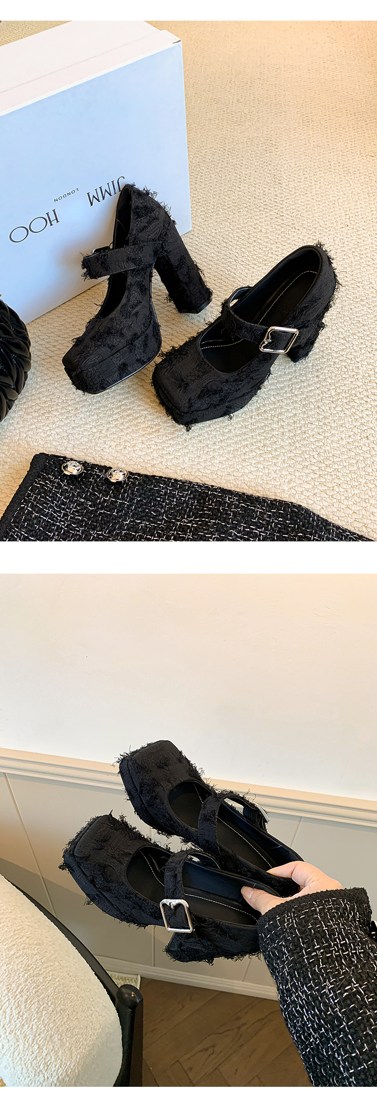 Giày cao gót nữ mũi vuông phong cách Mary Jane đế xuồng platform gót 12 cm — Xanh lá cây nhạtcolor, màu đen, màu trắng ngà chi tiết 10